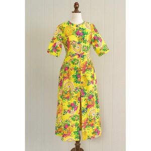 Vintage Yellow Floral House Coat Dress Button Front Midi Sleeve Boho Festival